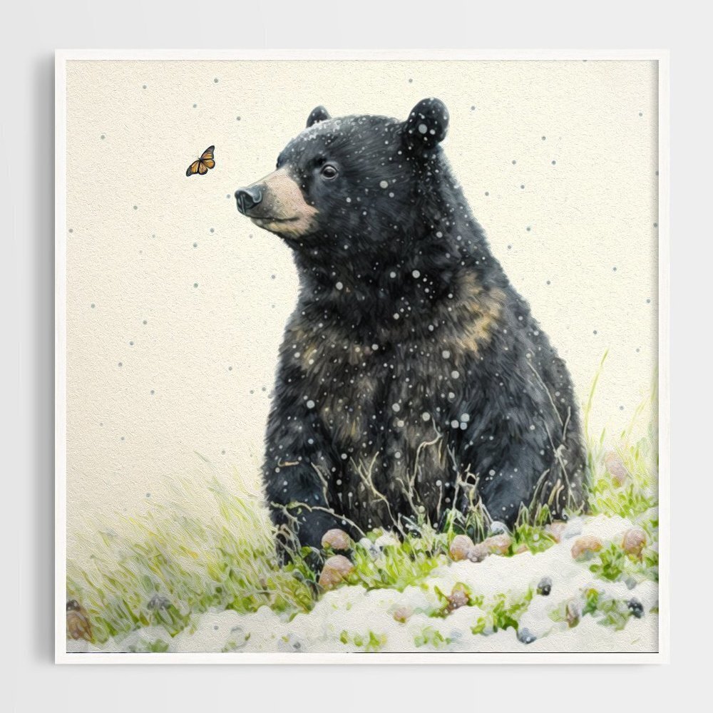 Black Bear with Butterfly Watercolor Oil Painting Print - Picture 2 of 5